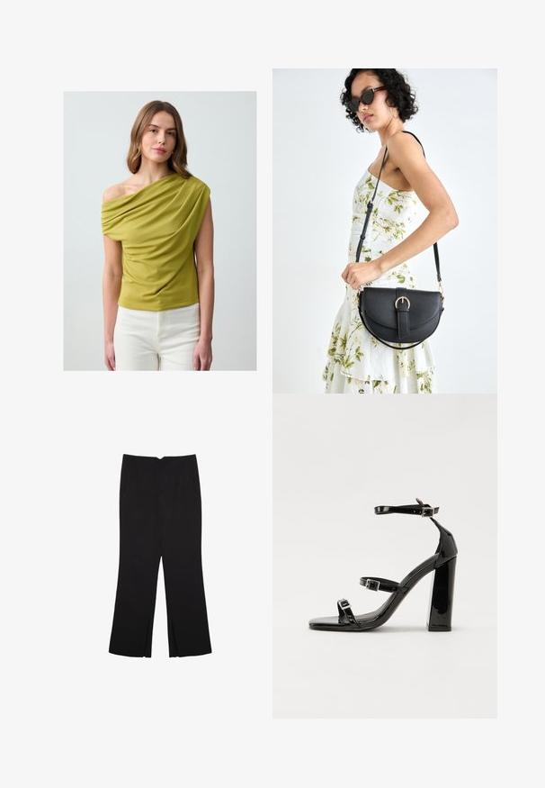 Top verde drappeggiato con design a una spalla, realizzato in tessuto liscio; presenta pieghe strutturate e una forma aderente. Indossato con pantaloni bianchi.; Pantaloni neri a gamba dritta, con tasche frontali e spacchi laterali all'orlo. Realizzati in tessuto morbido e liscio. Adatti a diverse occasioni.; Sandali con tacco in vernice nera, con punta squadrata, cinturini alla caviglia e fibbie in argento. Presentano un tacco a blocco spesso per maggiore stabilità.; Borsa a tracolla nera in pelle con una forma curva, manico rimovibile e accessori dorati. La borsa presenta una patta con un dettaglio a fibbia.