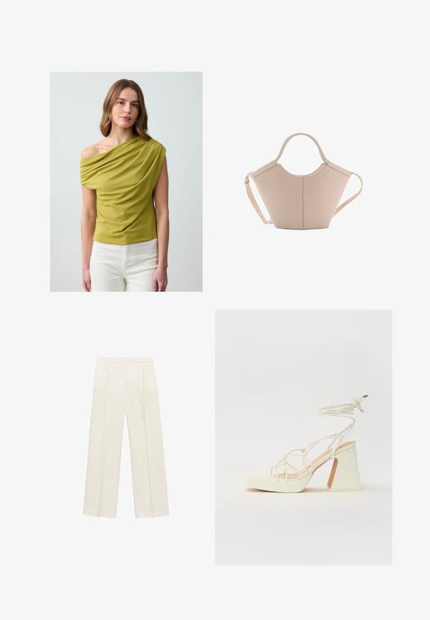 Groene top met een schouderontwerp, gemaakt van gladde stof; beschikt over gestructureerde plooien en een aansluitende pasvorm. Gedirigeerd met witte broek.; Wijdgevallen broeken in een lichtcrème kleur. Gemaakt van een zachte stof met plooien aan de voorkant en zijzakken.; Witte hoge hakken sandaal met een chunky hak, met een bandjesontwerp en enkelband. Gladde textuur met een plateau voor extra hoogte.; Beige leren handtas met een unieke vorm, voorzien van twee korte handvatten en een lange verstelbare schouderriem. Glad oppervlak met minimale hardware.