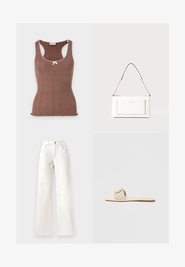Brun ribbad linne med vit kant och en liten rosett i mitten. Har en figurnära design och en vågig nederkant.; Vita vida byxor i denim med vid ben, som har knappstängning, bälteshällor och fem fickor. Slät textur med synlig sömnad.; Slip-in-sandal med beige rem med geometriskt mönster, en rundad gul detalj på ovansidan och en platt, ljus sula.; Vit läderhandväska med texturerad yta, med guldkedjeslinga och svarta accenter. Inkluderar en framsida ficka och dragkedjestängning.