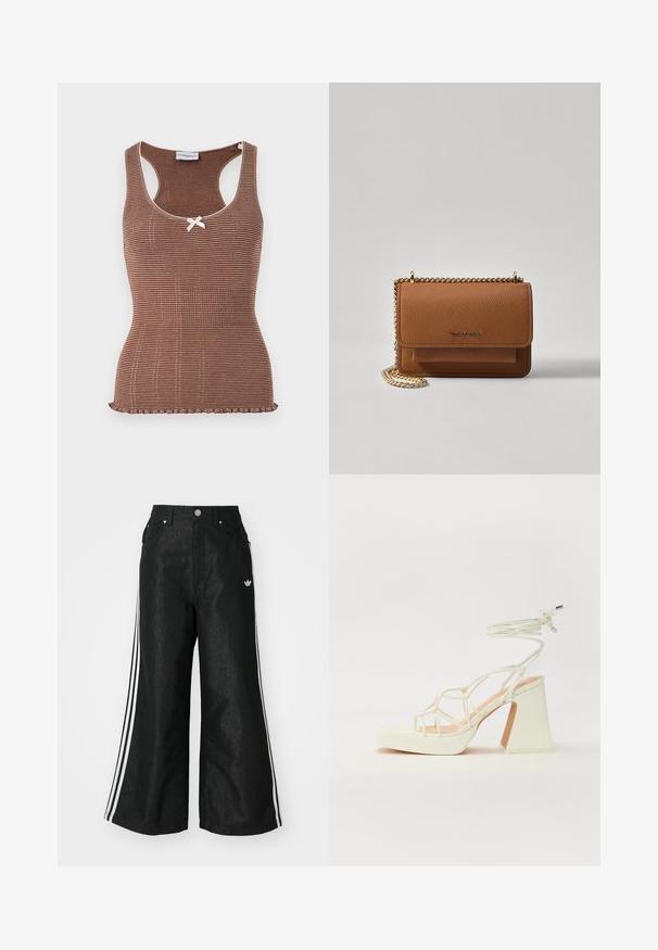 Barna bordás ujjatlan felső fehér díszítéssel és egy kis masnival a középen. Fitted (testhez simuló) fazonú, ívelt aljú.; Fekete, bő szárú farmernadrág, mindkét oldalon három fehér csík díszítéssel és egy kis fehér logóval. Elölzsebekkel és gombos záródással rendelkezik.; Fehér, magassarkú szandál vastag sarokkal, pántos dizájnnal és bokapánttal. Sima textúra, elülső platformmal a megnövelt magasság érdekében.; Barna textúrájú bőr keresztbody táska arany lánc pánttal és fedélzárral. Az elején logó részlet és egy zseb található a fedél alatt.