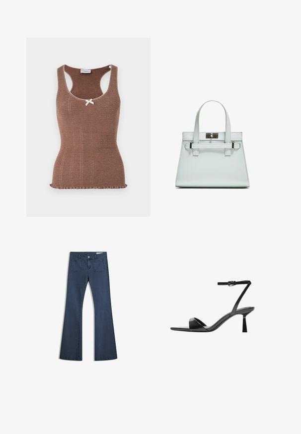 Rjava rebrasta majica brez rokavov z belim robom in majhno pentljo na sredini. Ima prilegan dizajn in rob s poševno obliko.; Temno modri široki kavbojke iz denima s prišitimi žepi, gumbom za zapiranje in gladko teksturo. Imajo klasičen dizajn s petimi žepi.; Bershka Sandali z visoko peto - black; Svetlo modra torbica z oblikovano zasnovo, dvema ročkama in kljuko iz srebrno-toniranega materiala. Teksturni material in ostri koti.