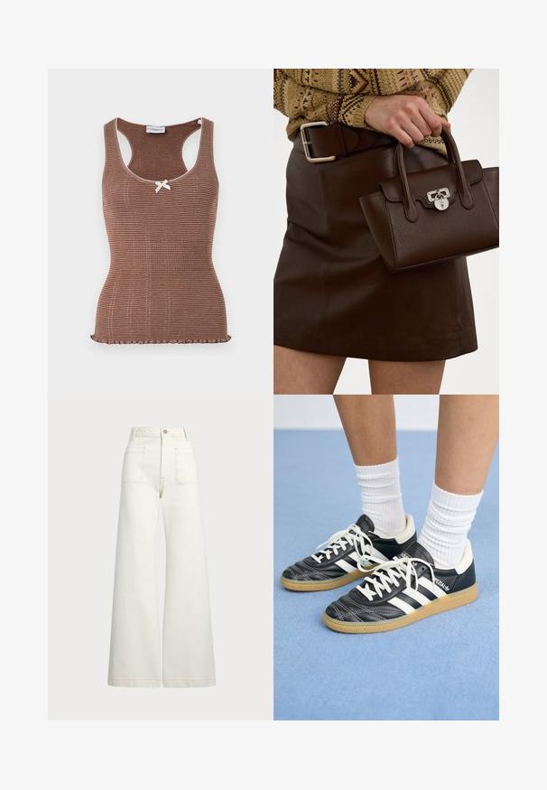 Bruine geribbelde tanktop met witte bies en een strikje in het midden. Heeft een aansluitend ontwerp en een gegolfde zoom.; Wijd-zit jeans van off-white denim. Hooggaande taille met een knoopsluiting, twee voorzakken en contrasterende stikdetails.; Zwarte leren sneakers met witte strepen, ronde neus, witte veters en een gumrubberen zool. Versterkt met een gevoerd kraag en merkdetails.; Een bruine leren handtas met een gestructureerde afwerking en zilverkleurige hardware, vastgehouden met een hand naast een bruine leren rok en een gebreid patroontrui.