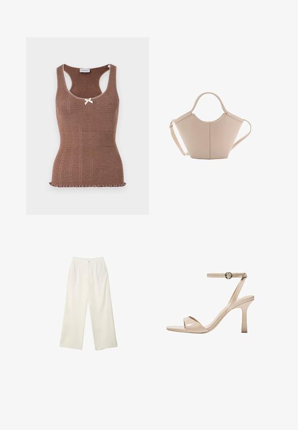 Braunes geripptes Top mit weißen Akzenten und einem kleinen Bogen in der Mitte. Verfügt über ein tailliertes Design und einen gewellten Saum.; Helle Stoffhose mit weitem Bein und glatter Textur, ausgestattet mit einem einzelnen Knopf vorne, dezenten Falten und einem Hochbund-Design.; Nude Lackleder-Stiletto mit dünnem Knöchelriemen und runder Schnalle, offenes Zehen-Design und schlanker Stiletto-Ferse.; Beige Lederhandtasche mit einer einzigartigen Form, die zwei kurze Henkel und einen langen verstellbaren Riemen aufweist. Glatte Textur mit minimalen Hardware-Elementen.