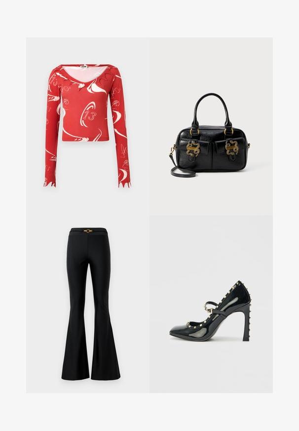 Red long-sleeve top with a scoop neckline, featuring white abstract patterns and a scalloped hem at the cuffs. Made of stretch fabric.; Black flared pants with a smooth texture, featuring a fitted waist and a gold circular accent in the front. Made from stretchy material.; Black patent leather high-heeled shoe with a pointed toe, ankle strap, and gold studded accents along the edges.; Black textured leather handbag with dual top handles, two front pockets, and gold hardware accents. Features a detachable shoulder strap.