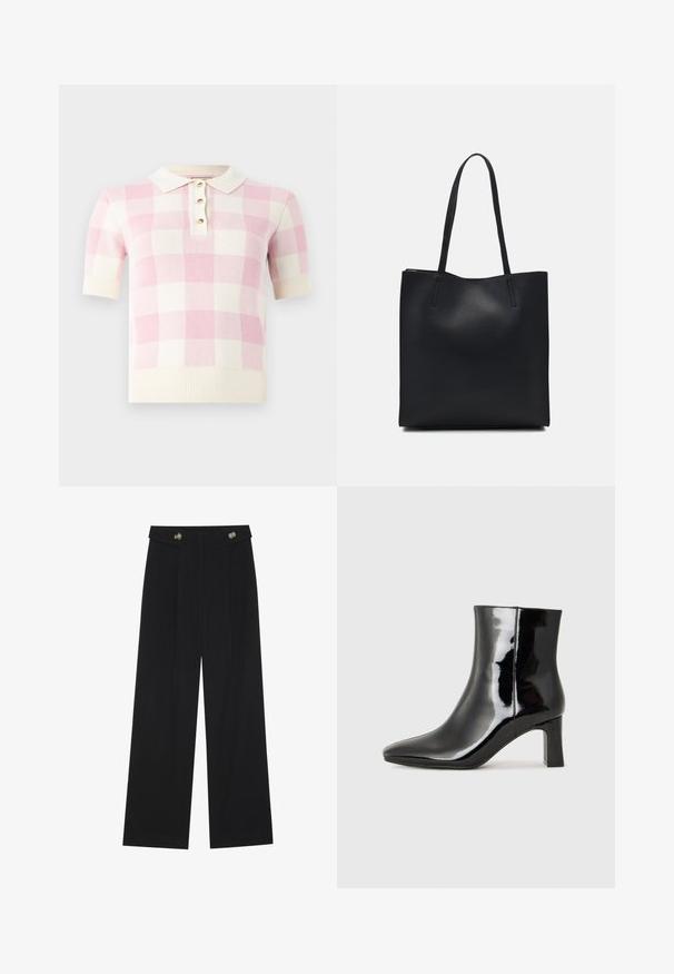 Poloko sveter s krátkym rukávom v ružovo-bielom károvanom vzore, so krémovým golierom a troma zlatými gombíkmi pri krku. Rúbaný lem.; Čierne široké nohavice s vysokým pásom, so zapínaním na gombíky na páse a prednými sklady.; Čierne lakované členkové topánky s špicatou špičkou a stredne vysokým blokovým podpätkom. Hladká textúra a minimalistický dizajn.; Čierna kožená taška na rameno s hladkým povrchom, obdĺžnikovým tvarom a dvoma dlhými uchami. Bez viditeľného kovania alebo ozdôb.