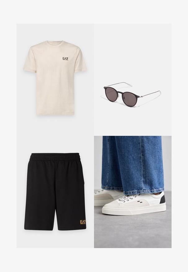 EA7 Emporio Armani TRAIN CORE TEE - Tričko s potlačou - whitecap gray; Čierne športové šortky vyrobené z jemného materiálu, s elastickým pásom a malým žltým logom EA7 na dolnej ľavej nohe.; Biele a čierne tenisky s hladkým koženým zvrškom, štruktúrovanými akcentmi a masívnou bielou podrážkou. Obsahujú klasický dizajn so šnurovaním.; Čierne okrúhle slnečné okuliare s tmavými sklami a tenkými kovovými ramenami. Obsahujú priehľadné konce rámov a strieborné akcenty na pántoch. Minimalistický dizajn.