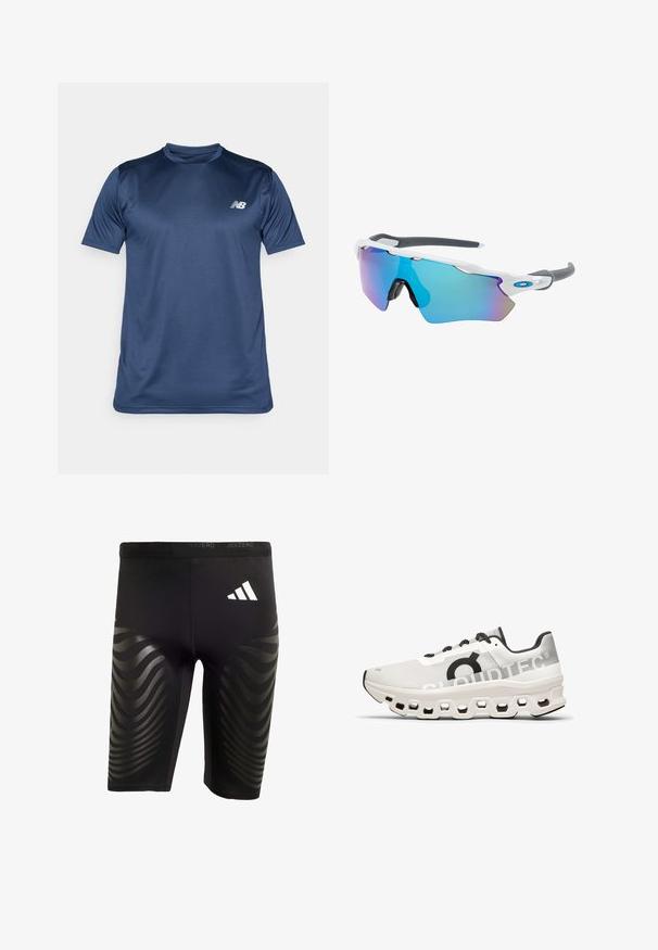 Maglietta sportiva a maniche corte di colore blu navy realizzata in tessuto liscio e traspirante. Presenta dettagli in pannello laterale e un piccolo logo bianco sul petto.; Shorts sportivi neri con una vestibilità elasticizzata, caratterizzati da un motivo a onde lucido sui lati e un logo bianco sulla vita.; Scarpa da corsa bianca con tomaia in rete, accenti neri, suola ammortizzante con tagli esagonali e marchio "CLOUDTEC".; Occhiali da sole con montatura bianca, dettagli grigi e lenti a specchio blu. Design sportivo, forma avvolgente e naselli regolabili.