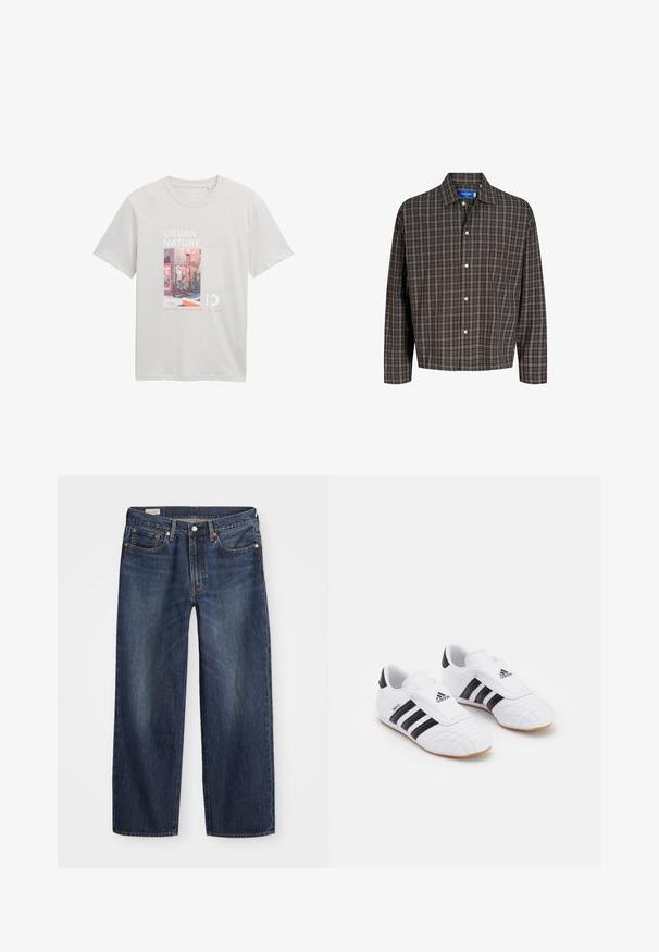 Šviesiai pilkas medvilninis marškinėliai su grafiniu dizainu, ant kurio yra tekstas "Urban Nature", iliustruota gatvės scena ir įvairūs akcentuoti raštai.; Ruda ir juoda languota marškiniai su sagčių apykakle ir viena krūtinės kišenė, rodomi frontaliai prieš balta fono.; Tamsiai mėlynos džinsinės kelnės su tiesiu kirpimu, penkių kišenių dizainu, metaliniu mygtuku ir užtrauktuku, bei subtiliais šviesinimo raštais.; Balti sportiniai bateliai su juodomis juostelėmis, kuriuose yra antzolinė panaši tekstūra, apvalus pirštas ir Velcro dirželis. Gumačio padas užtikrina sukibimą.