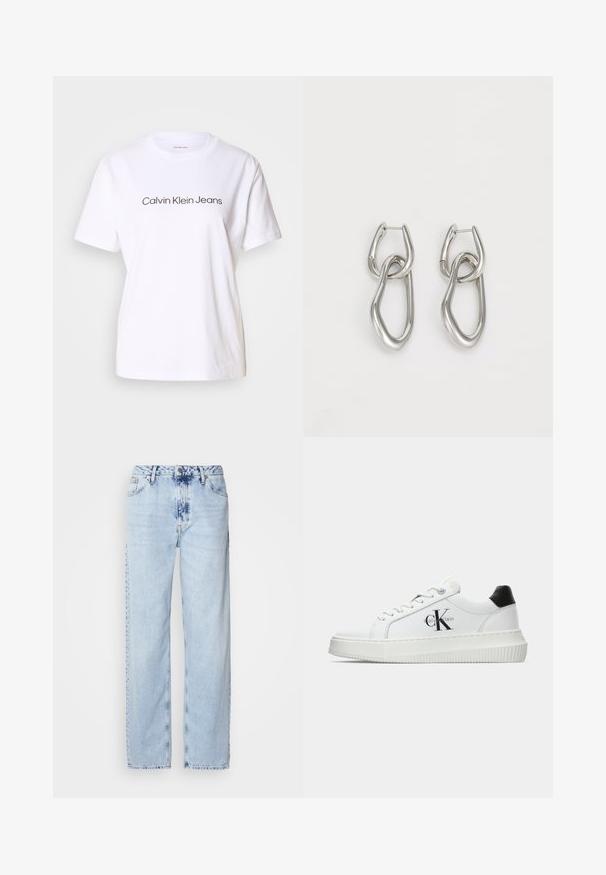 Bílý bavlněný tričko s krátkým rukávem, s černým textem "Calvin Klein Jeans" na přední straně. Design s kulatým výstřihem, hladká textura.; Světle modré široké džíny z denimu, s vysokým pasem, výrazně vybledlým odstínem a decentním vzorem tie-dye na přední straně.; Bílé nízké tenisky s černým patním tabem, platformovou podrážkou, tkaničkami a logem Calvin Klein "CK" na boku.; Calvin Klein STATEMENT LINKS - Náušnice - silver-coloured