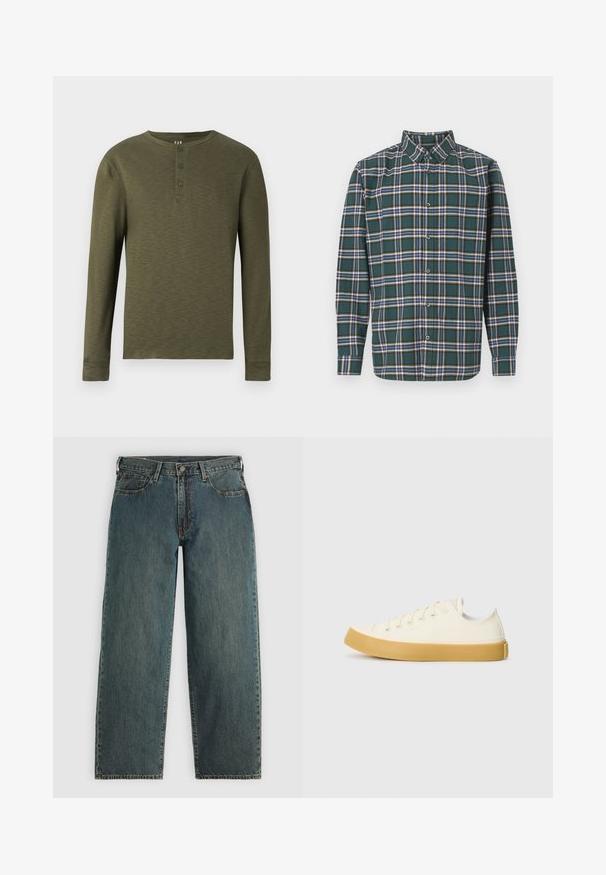 Langermet olivengrønn henley-skjorte med rund hals, tre knapper ved kragen og en teksturert stofffinish.; Grønn flanellskjorte med rutete mønster som har blå, hvite og sennepsgule linjer. Knapper foran og spiss krage. Lange ermer.; Mørkeblå rette denimjeans med knapp- og glidelåslukking, frontlommer og beltesløyfer på en lys grå bakgrunn.; Canvas sneakers i off-white med rund tå, med beige gummisåler og fem hull for lisser, strukturert finish på overdelen.