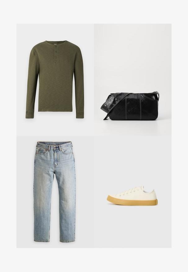 Hosszú ujjas olívazöld henley póló, kerek nyakkal, három gombbal a nyakrészen, és texturált anyagú kivitel.; Világoskék farmernadrág magas derékkal, elülső gombbal, cipzárral és öt zsebbel, sima háttérre fektetve.; Krémszínű vászon sportcipő, kerek orral, bézs gumi talppal és öt fűzőlyukkal, a felső részen texturált felülettel.; Fekete bőr válltáska, cipzárral zárva, texturált felülettel, fehér varrással és ezüst fémgyűrűs pánttal.