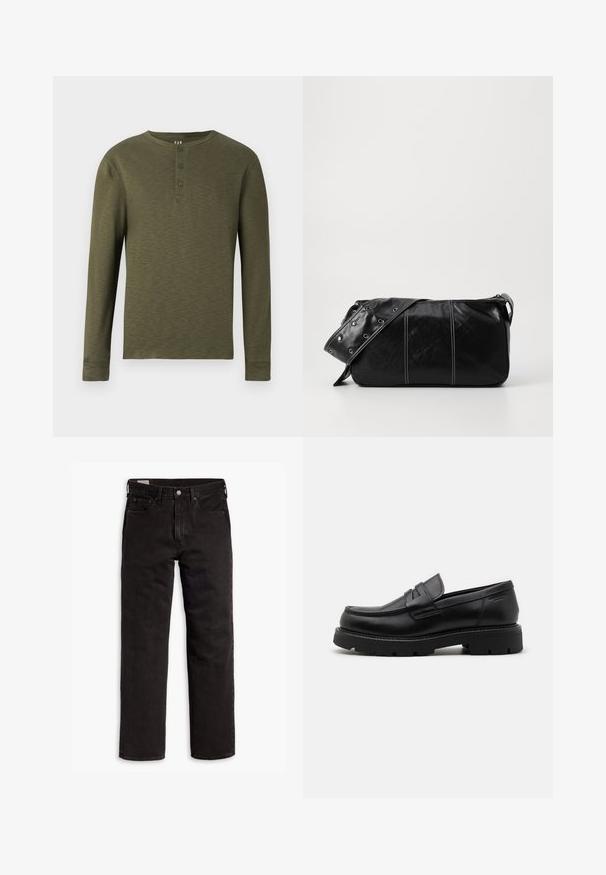 Pikakäistele rohelise oliivivärvi henley-särk, millel on ümmargune kaelus, kolm nuppu kaeluses ja tekstuuriga kangas.; Mustad sirgedega teksapüksid viie taskuga, nööpidega kinnitamine ja vöökohaga, lamab tasasele valgele taustale.; Musta nahast loafer, millel on ümmargune varvas, tekstiilse accentidega esiküljel ja jäme kummist talla, millel on sooned haarde tagamiseks.; Must mustra nahkainine õlakott, millel on tõmblukk, tekstureeritud pind, valged õmblused ja rihm hõbedaste rõngastega.