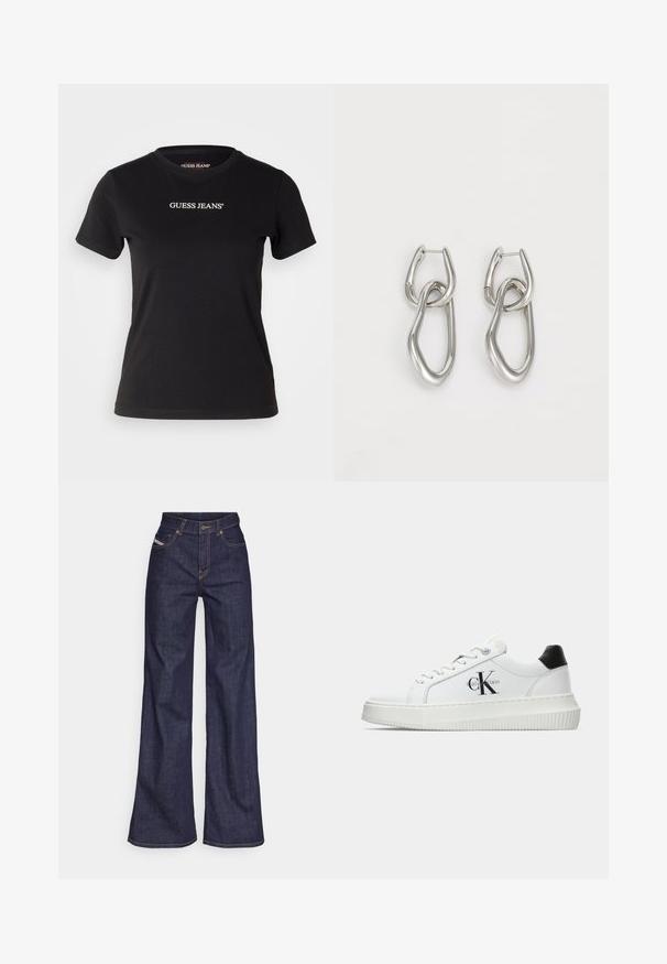 Fekete pamut póló, szűk szabással, rövid ujjakkal és kerek nyakkivágással. Elöl fehér "GUESS JEANS" logóval rendelkezik.; Sötétkék, bő szárú farmernadrág, magas derékkal, narancssárga varrással, öt zsebes kialakítással és gombos zárással.; Fehér alacsony szárú edzőcipő fekete saroktabbal, platform talppal, fűzőkkel és Calvin Klein "CK" logóval az oldalán.; Calvin Klein STATEMENT LINKS - Fülbevalók - silver-coloured