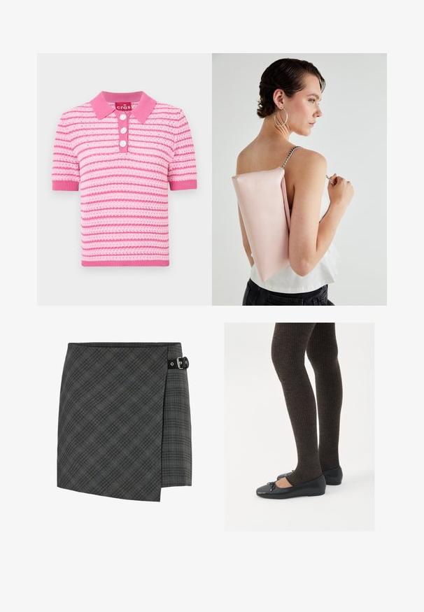 Pink striped polo shirt with a collared neck, short sleeves, and three button closures. Material appears textured; accents in lighter pink.; Dark gray plaid wool wrap skirt with black buckle detail on the right side, straight hem, and subtle diagonal lines pattern.; Black flat shoes with a small bow detail at the toe, paired with dark brown ribbed tights. Shoes have a smooth texture and low profile.; Pink leather handbag with a rectangular shape, silver chain strap, and smooth texture, worn on the back. Simple design with no visible patterns.