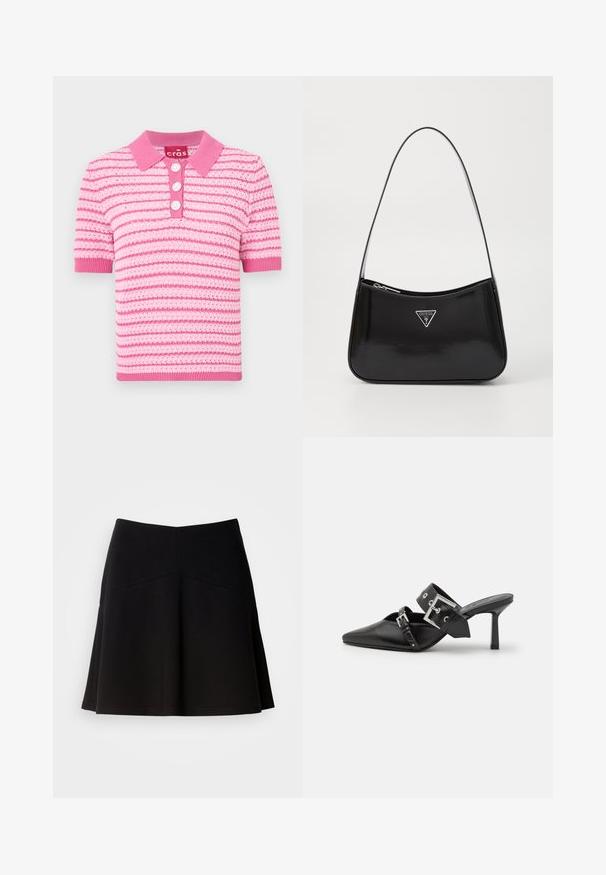 Rosa gestreiftes Poloshirt mit Kragen, kurzen Ärmeln und drei Knopfverschlüssen. Das Material scheint strukturiert zu sein; Akzente in einem helleren Rosa.; Schwarzer, ausgestellter Rock aus weichem Stoff, mit einem taillierten Bund und Nahtdetails. Glatte Textur mit einem schlichten, klassischen Design.; Schwarze High-Heel-Mules mit spitzem Zeh aus glattem Leder. Mit einem breiten Knöchelriemen, der eine quadratische silberne Schnalle und Nieten aufweist.; Schwarze patentierte Leder-Schultertasche mit geschwungener Form, ausgestattet mit einem silbernen Dreieckslogo und einem Reißverschluss. Glatte Textur und schmaler Riemen.