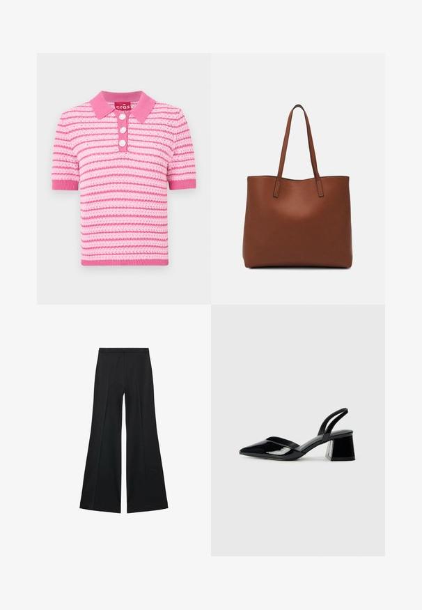 Polo shirt a righe rosa con colletto, maniche corte e chiusura con tre bottoni. Il materiale sembra strutturato; dettagli in rosa più chiaro.; Pantaloni neri a gamba larga con una texture liscia, caratterizzati da pieghe frontali e un design sartoriale. Il tessuto è leggero e fluido.; Décolleté in vernice nera con punta affusolata e tacco in geometria cubica. Presentano un design elegante e minimalista, con una texture liscia.; Borsa tote in pelle marrone con texture liscia, design con apertura superiore e due spallacci. Presenta cuciture minime e nessun hardware visibile.
