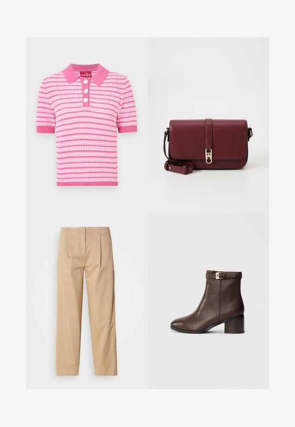 Roosa triibuvelguga polo-särki, millel on kraega kaelaosa, lühikesed varrukad ja kolm nööpi. Materjal tundub tekstuuriline; aktsendid heledamas roosas toonis.; Beežid puuvillased püksid mugava lõikega, kahel esiküljel voltidega, sirged sääred ja klassikaline nööpkinnitus vöökoha juures.; Pruunist nahast pahkluu saapad, millel on ümara ninaga, madal plokk-kink ja dekoratiivne pandla rihm pahkluu ümber. Sile tekstuur ja stiilne disain.; Tommy Hilfiger LIBRE FLAP CROSSOVER - Ülerinna-kott - deep rouge