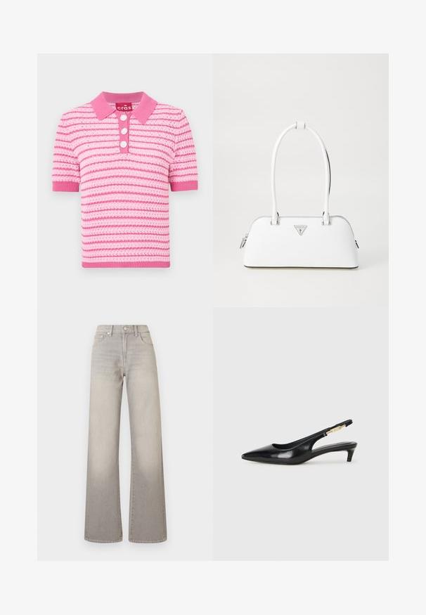 Polo shirt a righe rosa con colletto, maniche corte e chiusura con tre bottoni. Il materiale sembra strutturato; dettagli in rosa più chiaro.; Jeans grigi larghi con finitura sbiadita, chiusura con bottone, design a cinque tasche e cuciture decorative lungo le cuciture.; Tacchi slingback in pelle nera con punta affusolata, caratterizzati da un tacco alto e un accento dorato sulla cinghia regolabile. Texture liscia.; Borsa a mano bianca in pelle con forma curvola, dotata di un logo triangolare argentato e chiusura con zip. Texture liscia e manici doppi.