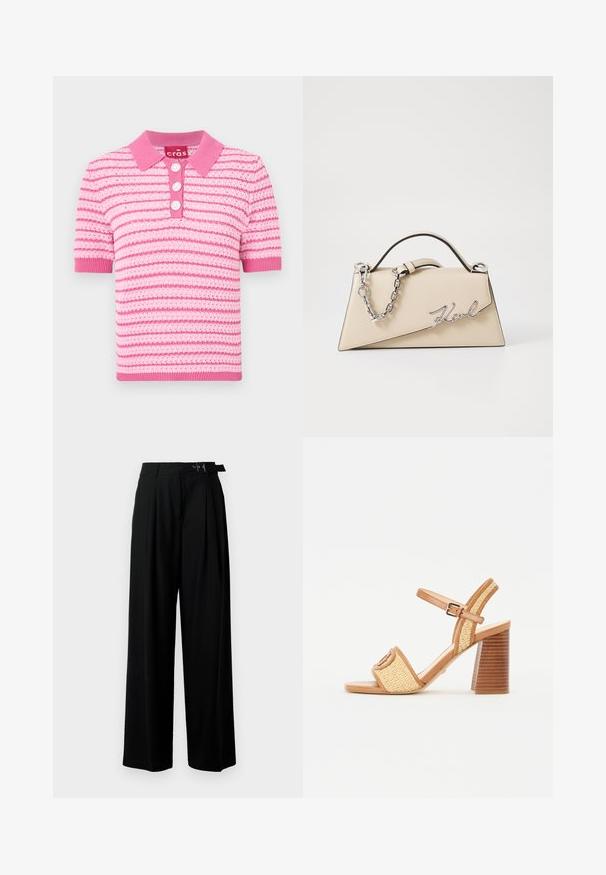 Rozā svītrainā polo krekls ar apkakli, īsām piedurknēm un trim pogām. Materiāls izskatās teksturēts; akcenti gaišāk rozā krāsā.; Melni plaši bikses ar augsto jostasvītru, priekšā ar krokojiem un jostu ar sprādzi. Izgatavotas no gludas, vieglas auduma.; Brūni ādas un austu salmu papēžu sandales ar potīšu siksniņu, atvērtu purngalu un masīvu koka izskata papēdi ar horizontālām svītrām.; Bežs ādas roku soma ar strukturētu, trīsstūrveida formu, piedāvā sudraba ķēdes rokturi un kursīva metāla logotipu.