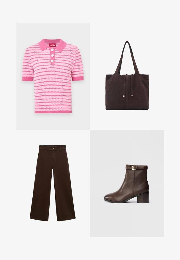 Polo shirt a righe rosa con colletto, maniche corte e chiusura con tre bottoni. Il materiale sembra strutturato; dettagli in rosa più chiaro.; Pantaloni larghi marroni in misto cotone, caratterizzati da orlo sfrangiato, chiusura frontale con bottone e classico design a cinque tasche. Minimalisti e versatili.; Stivale alla caviglia in pelle marrone con punta arrotondata, tacco basso a blocco e una fascia decorativa con fibbia attorno alla caviglia. Texture liscia e design elegante.; Mango Shopping bag - dark brown