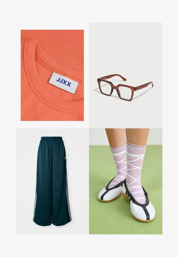 Korallszínű, bordázott pamut póló kerek nyakkal, látható kék címkével, rajta a "JJXX" felirattal. Az anyag sima textúrájú.; Teal színű, széles szárú melegítőnadrág, rugalmas derékkal, három fehér csíkkal az oldalán és egy Adidas logóval a bal oldalon.; Fehér lapos cipők fekete díszítéssel és talppal, világos lila bordázott zoknikkal, fehér keresztszalagokkal. Zöld háttér előtt.; Barna, túlméretes, téglalap alakú szemüveg, átlátszó lencsékkel, a jobb lencsén enyhe rózsaszín árnyalattal. Műanyag keret sima felülettel.