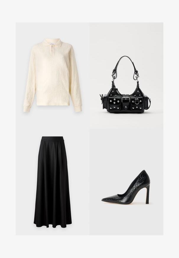 Polo majica dugih rukava boje kreme s teksturiranim materijalom, s plaketom na tri gumba i manžetama, koja sadrži suptilan cvjetni uzorak.; Crna suknja do poda s glatkom teksturom, širokim pojasom i nabranim dizajnom, bez vidljivih uzoraka ili ukrašavanja.; Crne visoke potpetice s oštrim prstima, od teksture krokodilske kože, elegantnog dizajna, visoke stiletto potpetice i glatkog crnog unutrašnjosti.; Crna kožna torba s zakrivljenim dizajnom, koja sadrži srebrne zakovice, kopču i dva bočna džepa. Podesiva traka za različite opcije nošenja.