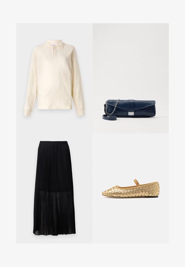 Krémovo sfarbená polo košeľa s dlhým rukávom, textúrovaná látka, trojkou aj zapínanie a manžety na rukávoch, so subtílnym kvetinovým vzorom.; Čierna plisovaná midi sukňa s hladkým, elastickým pásom a priesvitnou vrstvou, ktorá má jemné vertikálne plisovanie po celej textílii.; Loeffler Randall LEONIE SOFT BALLET FLAT - Balerínky s remienkom okolo členku - gold; Tmavomodrá kožená kapsička s krokodílovou textúrou, strieborný reťazový popruh a kovová spona. Obdĺžnikový tvar so sklápacím dizajnom.
