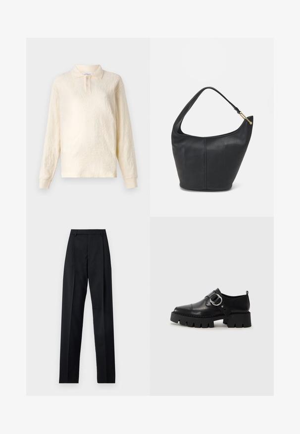 Krémová dlouhý rukáv polo košile s texturovanou tkaninou, tři knoflíky na léze a manžetami, s jemným květinovým vzorem.; Černé kalhoty vyrobené z hladké tkaniny, vybavené vysokým pasem, širokými nohavicemi, předními záhyby a klasickými poutky na opasek. Nejsou viditelné boční kapsy.; Černé kožené boty s robustní ribkovanou podešví, zdobené kruhovým stříbrným kovovým prvkem a minimálním švem.; Černá kožená kabelka zaobleného tvaru, s širokým popruhem a texturovaným povrchem. Obsahuje jemné švy a akcenty ve zlatém tónu.