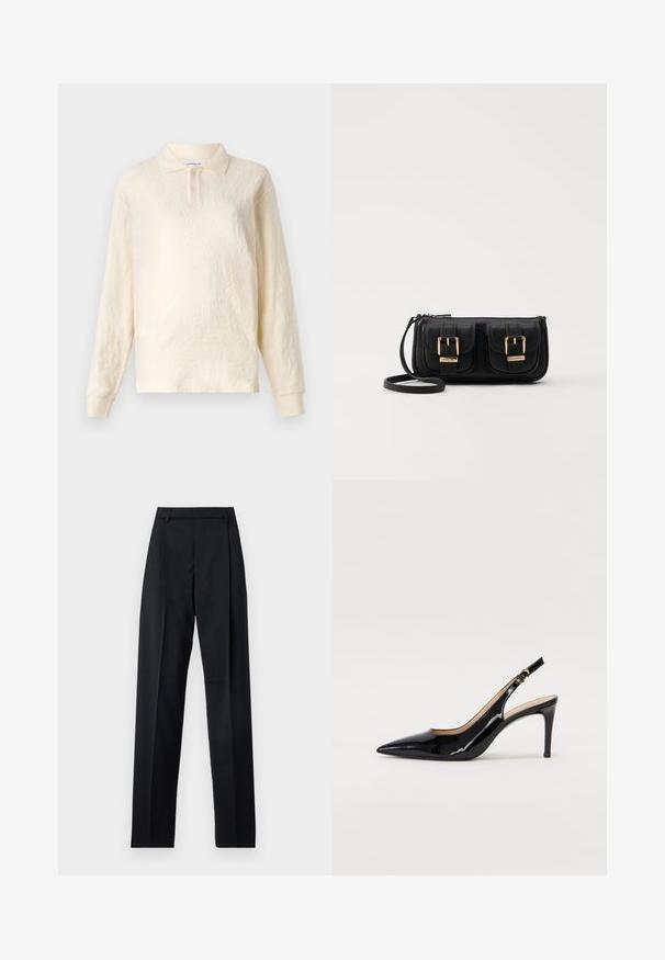Cream-colored long-sleeve polo shirt with a textured fabric, three-button placket, and cuffed sleeves, featuring a subtle floral pattern.; Black trousers made from smooth fabric featuring a high waist, wide legs, front pleats, and classic belt loops. No side pockets visible.; Black patent leather slingback pump with pointed toe, slim heel, and a subtle cutout design. Features a gold buckle on the strap.; Black leather crossbody bag with two front pockets, gold buckles, zipper closure, and a slim strap. Textured surface and compact rectangular shape.