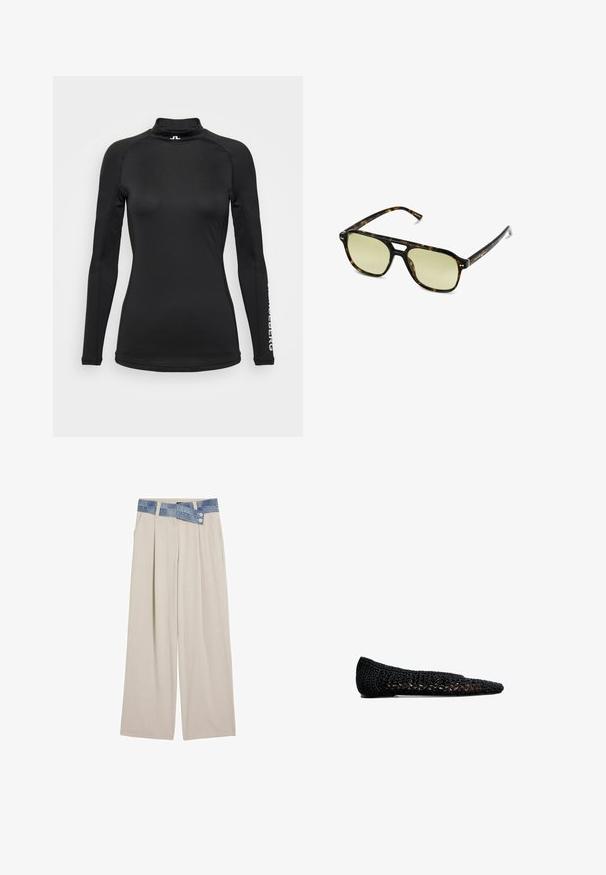 Czarna koszula z długim rękawem i wysokim kołnierzem, wykonana z gładkiego materiału. Posiada delikatne szwy i logo na rękawie. Slim fit.; Jasnobeżowe szerokie spodnie z denimu w talii, z dwoma guzikami i plisowanymi detalami z przodu. Gładka tekstura i luźny krój.; Czarne baleriny na szydełku z szpiczastym noskiem, charakteryzujące się plecioną teksturą i subtelną podszewką, zaprojektowane z myślą o komforcie i przewiewności.; Słoneczne okulary w kratkę w kształcie prostokąta, z soczewkami w zielonym odcieniu i wzorzystymi ramkami z acetatu. Posiadają metalowe akcenty w pobliżu soczewek.