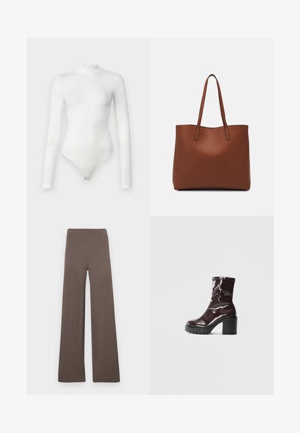 Balta ilgomis rankovėmis bodis, pagamintas iš gofruoto audinio, su aukštu kaklu ir spaustuku apačioje. Turi prigludusią siluetą.; Tamsiai rudos spalvos plačios kelnes su briaunotu audiniu, elastinga liemene ir minkštu, tekstūruotu audiniu.; Blizgus burgundių spalvos kulknapis su tankiu juodu kulnu, pasižymintis lygiu paviršiumi ir paprastu dizainu. Nėra matomų užsegimų ar raštų.; Ruda odinė priekabų krepšys su glotnia tekstūra, atviru viršumi ir dviem petnešomis. Su minimalia siuvimo detalėmis ir nematoma aparatūra.