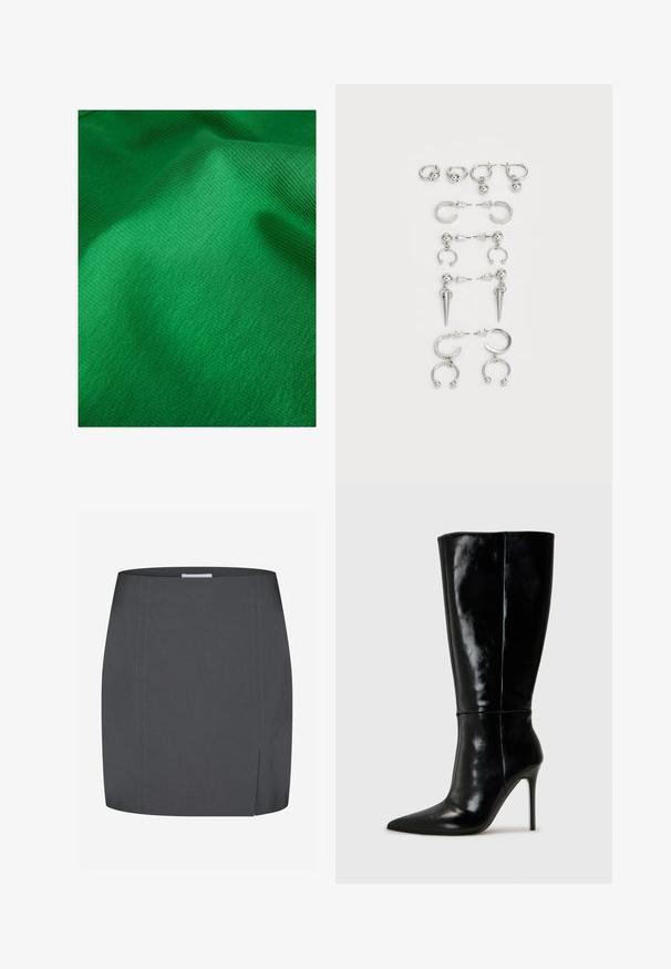 Zelena teksturirana tkanina s finim rebrastim vzorcem, ki prikazuje gladke in mehke površinske značilnosti. Lahka sijoča površina je vidna.; Envii SPLIT - Ozko oprijeto krilo - grey; Črne usnjene škornje do kolen s koničastim nosom in visokim stiletto peto. Gladka tekstura in eleganten dizajn, ki vključuje minimalne detajle.; Komplet srebrnih ušesnih uhani z različnimi oblikami: obroči, stud earrings in viseči slogi, z okroglimi poudarki in koničnimi elementi.