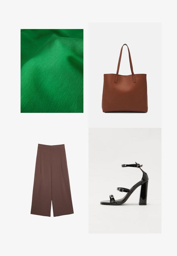 Gröntexturerad tyg med ett fint ribbat mönster, som visar upp släta och mjuka ytegenskaper. Lätt lyster synlig.; Bruna vida byxor med en slät textur, som har hög midja och framfickor. Tyget är lätt och flödar löst.; Svarta lackerade högklackade sandaler med två spännband, fyrkantig tå och en tjock klack, med en slät och glansig yta.; Brun läder tote-väska med en slät textur, öppen toppdesign och två axelremmar. Har minimal söm och ingen synlig metalldetalj.