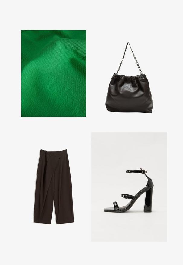 Tessuto verde testurizzato con un fine motivo a coste, che presenta caratteristiche di superficie liscia e morbida. Leggero lucore visibile.; Pantaloni a gamba larga marrone scuro con vita alta, dotati di una chiusura con bottone singolo e una parte anteriore plissettata. Realizzati in tessuto leggero.; Sandali con tacco in vernice nera, con punta squadrata, cinturini alla caviglia e fibbie in argento. Presentano un tacco a blocco spesso per maggiore stabilità.; Borsa in pelle marrone con parte superiore arricciata e tracolla a catena. Texture liscia con finitura lucida e dettagli di cucitura sottili sui lati.