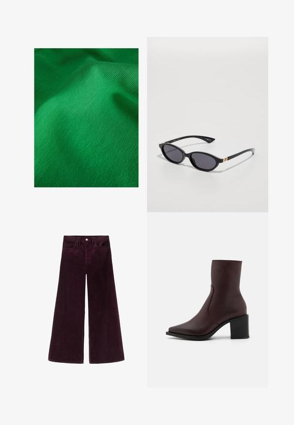 Vihreä tekokuitukangas hienolla nauhamaisella kuvioinnilla, joka näyttää sujuvalta ja pehmeältä pinnalta. Hieman kiiltoa näkyvissä.; Vaan-alahdelliset samettihousut syvässä burgundin värissä, joissa on korkea vyötärö, napp closure ja klassinen viiden taskun muotoilu ribbikuvioinnilla.; Zign LEATHER - Klassiset nilkkurit - bordeaux; Mustat aurinkolasit, joissa on ovaalit linssit, tummat sävygradientit ja kapeat varret, joissa on hienovaraiset kultaiset yksityiskohdat. Sileä muovipinta.; Tiheä burgundinpunainen villahuivi, jonka päässä on hapsut, aseteltuna tasaisesti yksinkertaista valkoista taustaa vasten.; Tommy Hilfiger LIBRE FLAP CROSSOVER - Olkalaukku - deep rouge