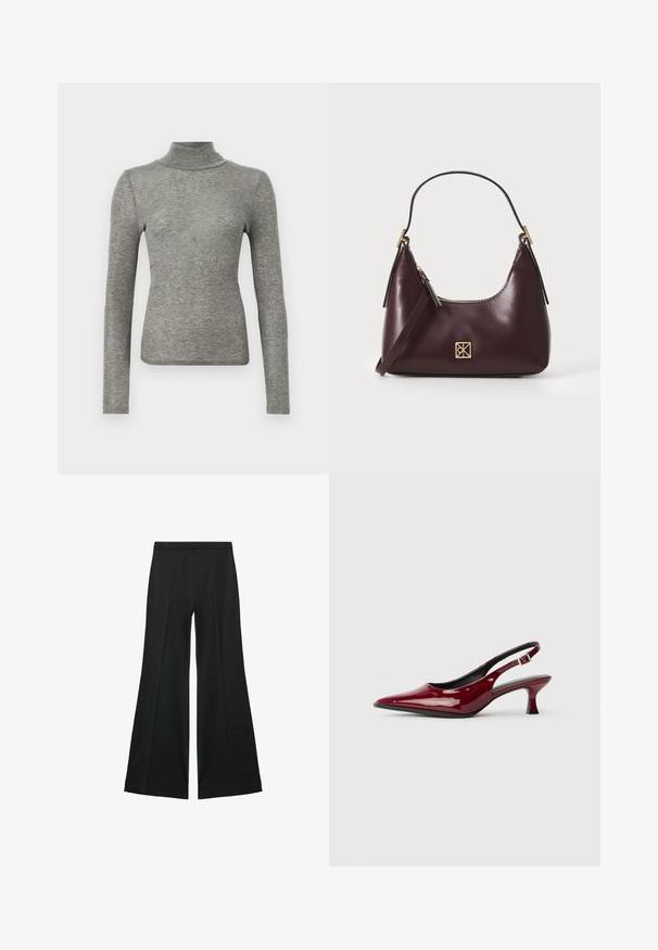 Samsøe Samsøe DOU - Langarmshirt - grey; Schwarze weit geschnittene Hose mit glatter Textur, ausgestattet mit Frontfalten und einem taillierten Design. Der Stoff ist leicht und fließend.; Burgunderfarbene Lackleder Slingback-Absätze mit spitzem Zehenbereich und schlankem Stiletto-Absatz. Offenes Rückendesign mit verstellbarem Knöchelriemen.; Burgunderfarbene Lederhandtasche mit geschwungener Form, goldenen Akzenten an den Beschlägen und einem Reißverschlussverschluss. Verfügt über einen abnehmbaren Schultergurt.