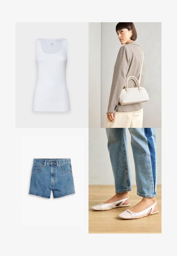 GAP TANK - Top - fresh white; Džínové šortky v svetlo modrej farbe, s piatimi vreckami, zipsom a zapínaním na gombík. Spodný lem je rozstrapkaný s voľným strihom.; Svetloružové slingback baleríny s jemne špicatou špičkou, vyrobené z hladkého materiálu pripomínajúceho kožu. Majú výrezové detaily na stranách a plochý opätok.; Biela štruktúrovaná kabelka s krátkymi rúčkami a ramenným popruhom, s zlatými kovovými prvkami a textúrovaným materiálom, vystavená na šedom pozadí.