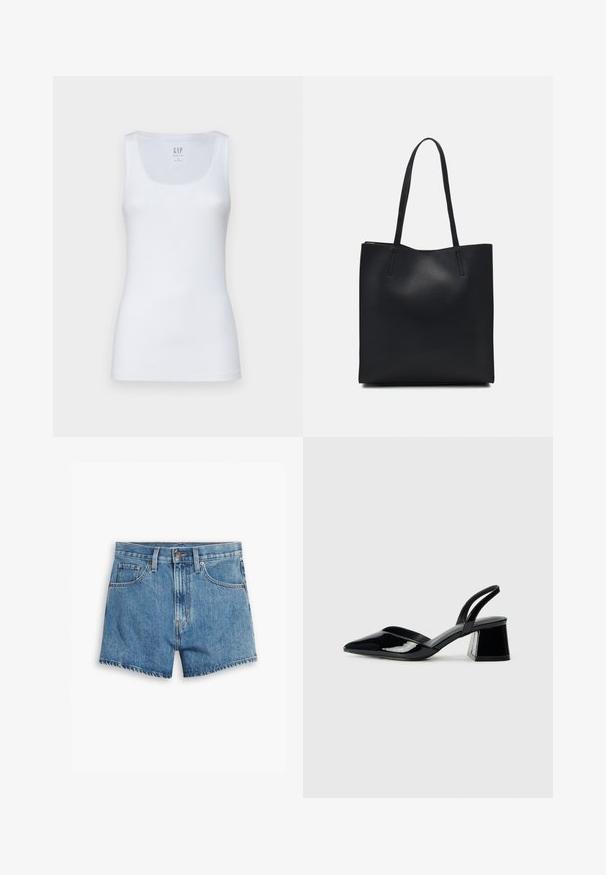 GAP TANK - Top - fresh white; Hellblaue Denim-Shorts mit fünf Taschen, einem Reißverschluss und einem Knopfverschluss. Der Saum ist fransig und das Design bietet eine lässige Passform.; Schwarze Lackleder-Slingback-High Heels mit spitzem Schuh und einem geometrischen Blockabsatz. Verfügt über ein schlankes, minimalistisches Design und eine glatte Textur.; Schwarze Laptoptasche aus Leder mit glatter Textur, rechteckiger Form und zwei langen Griffen. Keine sichtbaren Beschläge oder Verzierungen.