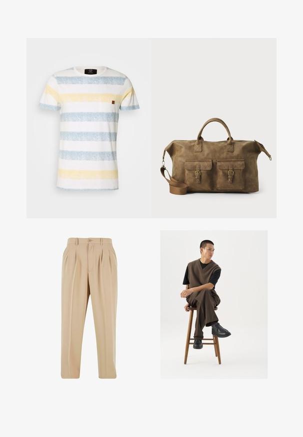 Prazna bombažna majica s črtami, ki vključuje vodoravne svetlo modre, rumene in bele proge. Ima majhen rjav usnjen dodatek na žepu.; Srajca z dolgimi rokavi in gumbom v mehki rumeni tkanini, ki ima teksturirano površino, ovratnik in en sam žep na levi strani prsnega dela.; Bež hlače s plišem in ravnim krojem, izdelane iz gladkega blaga, z gumbnim zapiranjem in zankami za pas na pasu.; Rjav pleteni brezrokavnik čez črn majico, v kombinaciji z rjavimi širokimi hlačami in črnimi masivnimi čevlji, sedeč na lesenem stolčku.; Rjav usnjen potovalni kovček z dvema sprednjima žepoma, nastavljivim ramenskim trakom, zlatim okovjem in trdnimi zgornjimi ročaji. Gladka tekstura.