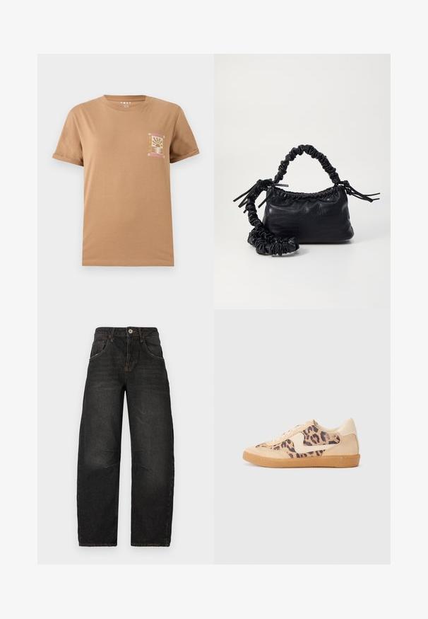 Brun bomulls T-shirt med kortärmar. Har en liten, färgglad grafik på vänster bröstområde som visar ett solnedgångstema.; Svarta denimjeans med rak bendesign, fem fickor, synlig söm och knäppning fram. Strukturtyg med lätt blekning.; Leopardmönstrade sneakers med överdel i beige mocka, tan gummisula och vita detaljer. Rund tå och snörning med en strukturerad finish.; Svart faux läderhandväska med krokodiltextur, snodd topp och en skrämd rem. Ser mjuk och kompakt ut i designen.