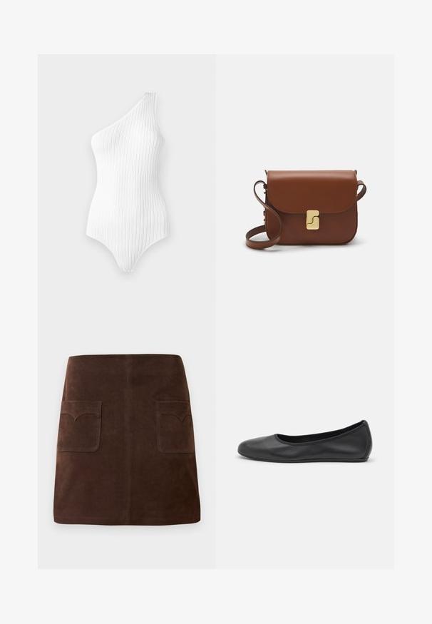 White ribbed one-shoulder bodysuit with vertical stripes. Smooth texture and form-fitting design, featuring a high-cut leg and minimal neckline.; Brown suede skirt featuring a classic A-line shape, two front pockets with rounded flaps, and subtle stitching details.; Black leather ballet flat with a rounded toe, smooth texture, minimal stitching detail, and a flexible sole design.; Brown leather handbag with a flap closure, gold-tone hardware, a shoulder strap, and a smooth texture. Compact rectangular shape.
