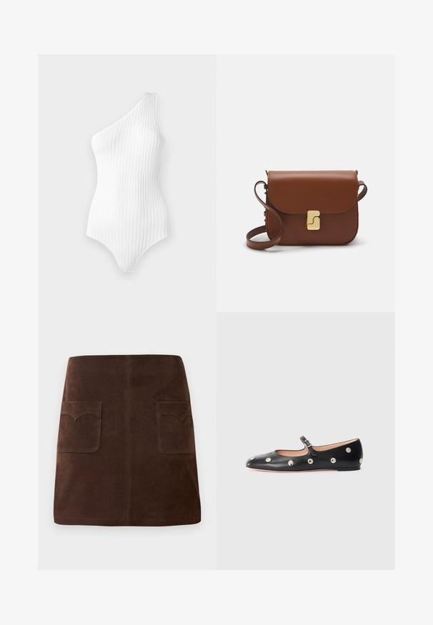 Weißes, geripptes Ein-Schulter-Bodysuit mit senkrechten Streifen. Glatte Textur und figurbetontes Design, mit einem hochgeschnittenen Bein und minimalem Ausschnitt.; Brauer Wildlederrock im klassischen A-Linien-Schnitt, mit zwei vorderen Taschen mit abgerundeten Klappen und dezenten Nähten.; Schwarze Leder-Mary-Jane-Ballenflats mit runder Zehenform, ausgestattet mit silbernen runden Nieten und einem verstellbaren Riemen mit Schnalle.; Braune Ledertasche mit Klappenverschluss, Beschlägen in Goldfarbe, einem Schultergurt und einer glatten Oberfläche. Kompakte rechteckige Form.