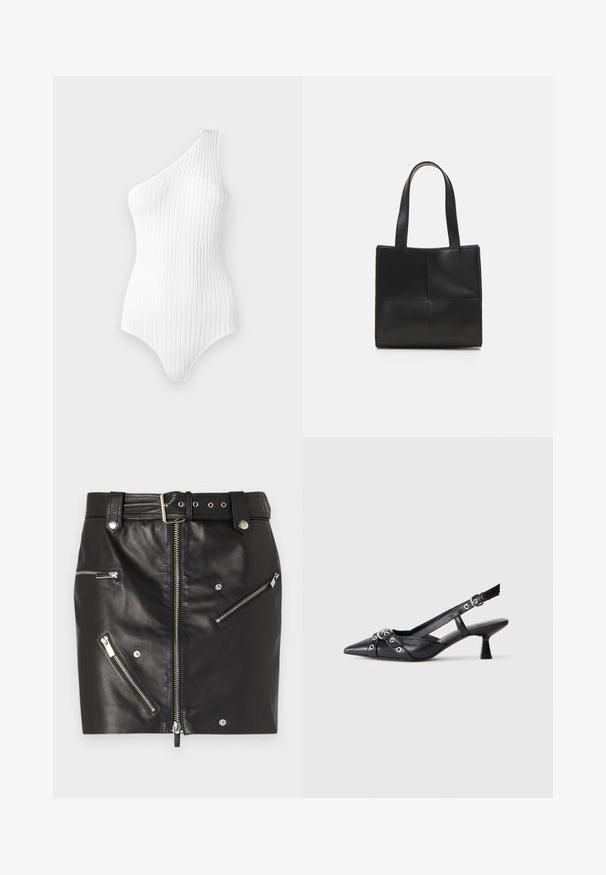 Witte geribbelde body met één schouder en verticale strepen. Glad textuur en strak aansluitend ontwerp, met een hoog uitgesneden been en minimale halslijn.; Zwarte leren minirok met een ritssluiting aan de voorkant, meerdere ritstasjes, een riem met een gesp en accenten van zilverkleurig metaal.; Zwarte leren slingback schoen met een puntige neus, decoratieve banden met metalen oogjes en een lage blokhak. Textuur oppervlak.; Zwarte leren tote bag met twee handvatten, rechthoekige vorm, gladde textuur en gestikt paneelontwerp. Geen hardware of extra accenten.
