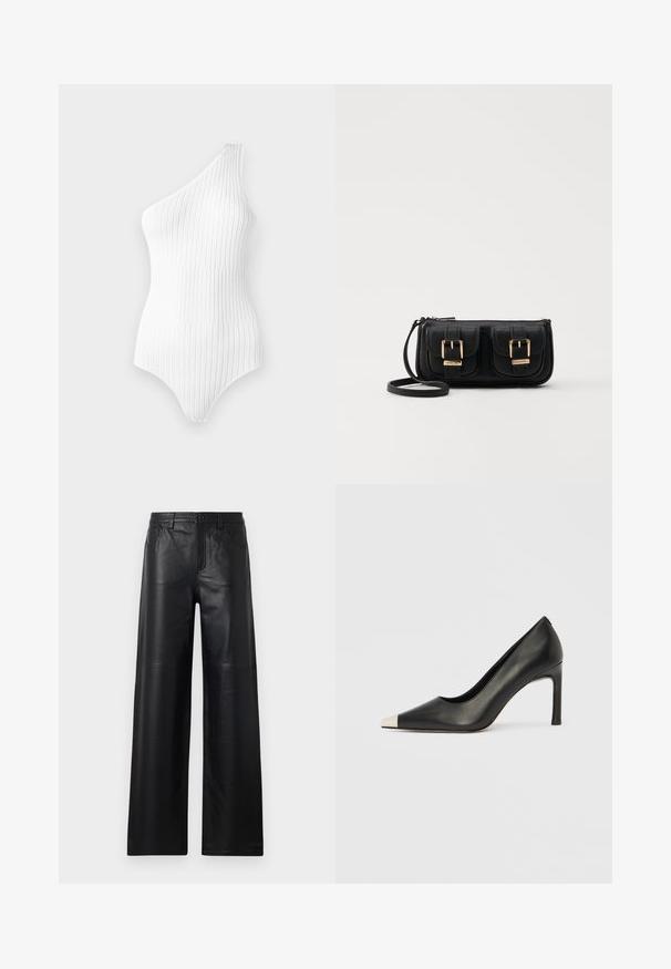White ribbed one-shoulder bodysuit with vertical stripes. Smooth texture and form-fitting design, featuring a high-cut leg and minimal neckline.; Wide-leg black leather pants with a smooth texture, featuring front pockets, a button closure, and subtle stitching details.; Black leather high heel shoe with a pointed toe and a metallic silver cap. Features a smooth finish and a slender 10 cm heel.; Black leather crossbody bag with two front pockets, gold buckles, zipper closure, and a slim strap. Textured surface and compact rectangular shape.