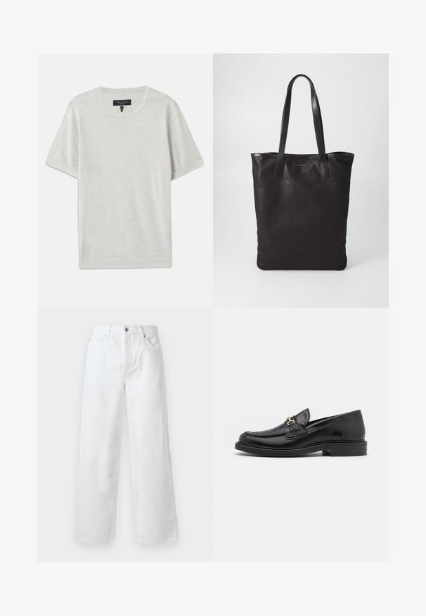 rag & bone AULTON TEE - T-Shirt basic - ivory; rag & bone BAGGY - Baggy Jeans - white; Schwarze Lederleter mit einer abgerundeten Zehenpartie, ausgestattet mit goldenen Hardwareakzenten und Stichdetails, auf einer niedrigen, strukturierten Gummisohle.; Schwarze Stofftote mit schwarzen Ledergriffen. Einfaches Design, geräumiger Körper und glatte Textur. Keine sichtbaren Logos oder Muster.