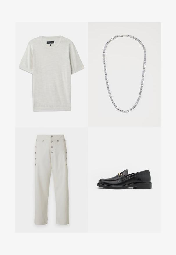 rag & bone AULTON TEE - Základné tričko - ivory; Krémové nohavice so rovnými nohavicami, ktoré majú dekoratívne strieborné gombíky na oboch stranách a hladkú textúru látky.; Čierne kožené loafers so zaoblenou špičkou, s pozlátenými kovovými prvkami a detailným šitím, uložené na nízkej, textúrovanej gumenej podrážke.; DARKAI TENNIS LONG UNISEX - Náhrdelník - silver-coloured