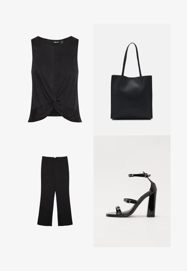 Crni top bez rukava s detaljem u obliku uvijene čvor na prednjoj strani, izrađen od glatkog, laganog materijala s opuštenim krojem.; Crne hlače ravnog kroja, s prednjim džepovima i bočnim prorezima na rubu. Izrađene od mekog i glatkog materijala. Pogodne za razne prigode.; Crne lakirane sandale na visoku petu s dva remena s kopčama, kvadratnim vrhom i masivnom blok petom, s glatkom, sjajnom teksturom.; Crna kožna torba za nošenje s glatkom teksturom, pravokutnim oblikom i dvije duge ručke. Nema vidljivih metalnih dijelova ili ukrasa.