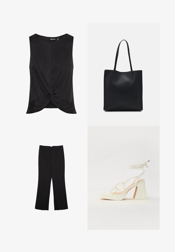 Czarny bezrękawnik z charakterystycznym węzłem z przodu, wykonany z gładkiego, lekkiego materiału o luźnym kroju.; Czarne spodnie o prostym kroju, z przednimi kieszeniami i bocznymi rozcięciami na dole. Wykonane z miękkiego, gładkiego materiału. Odpowiednie na różne okazje.; Biała sandał na wysokim obcasie z masywnym słupkiem, z paskowym wzorem i wiązaniem przy kostce. Gładka faktura z platformą z przodu dla dodatkowej wysokości.; Czarna skórzana torba tote o gładkiej fakturze, prostokątnym kształcie i dwóch długich uchwytach. Brak widocznych elementów metalowych i ozdób.