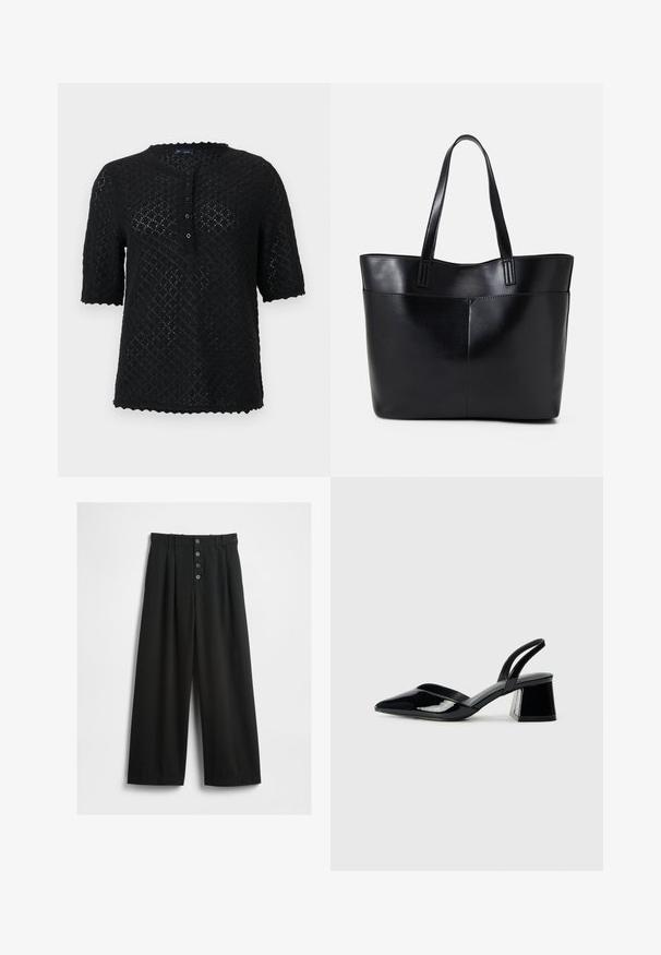 Černý pletený top s krátkým rukávem, se strukturou diamantového vzoru, vlnkovým výstřihem a zapínáním na knoflíky vpředu. Má volný střih.; Široké černé kalhoty vyrobené z texturované látky. Mají vysoký pas, zapínání na pět knoflíků a nažehlené puky pro dodatečný detail.; Černé lakované kožené lodičky na pásku s špičatou špičkou a geometrickým blokovým podpatkem. Vyznačují se elegantním, minimalistickým designem a hladkým povrchem.; Černá kožená taška s dlouhými ušima, hladkým povrchem a strukturovaným tvarem. Obsahuje přední kapsu pro další úložný prostor.