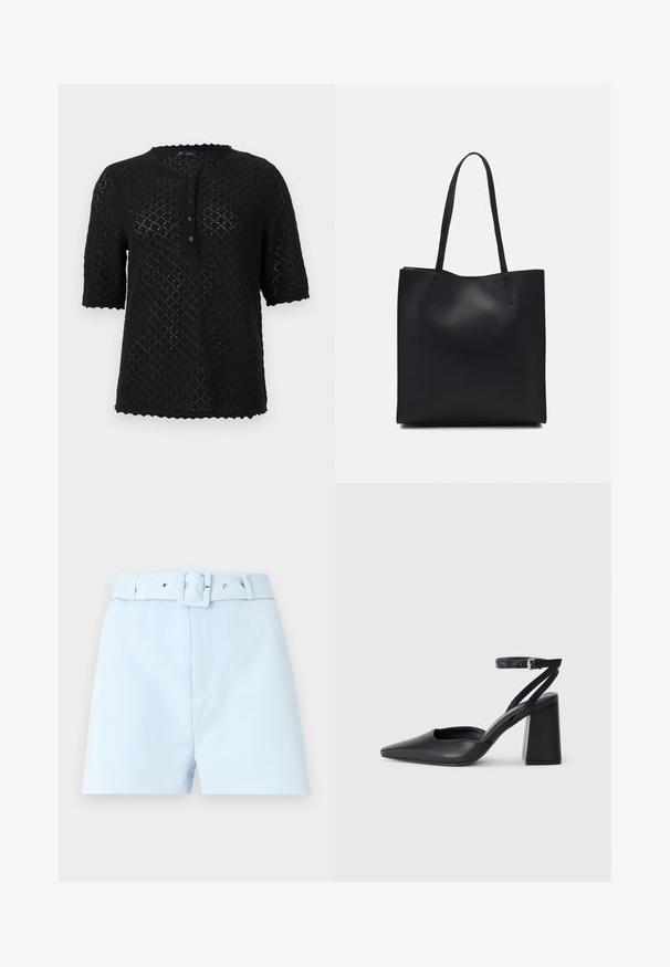 Top de punto negro de manga corta con un patrón de diamantes texturizado, escote ondulado y cierre con botones en la parte delantera. Presenta un corte holgado.; Pantalones cortos azul claro con cintura ceñida, con hebilla cuadrada y acentos de metal. Tejido suave, corte entallado y delantero plisado.; Zapato de tacón puntiagudo de cuero negro con tira en el tobillo y tacón ancho. Textura plana, diseño elegante y estética minimalista.; Bolso tote de cuero negro con textura lisa, forma rectangular y dos asas largas. Sin herrajes ni adornos visibles.